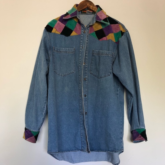 Vintage denim jacket with suede overlay SERUCHI - Picture 2 of 7